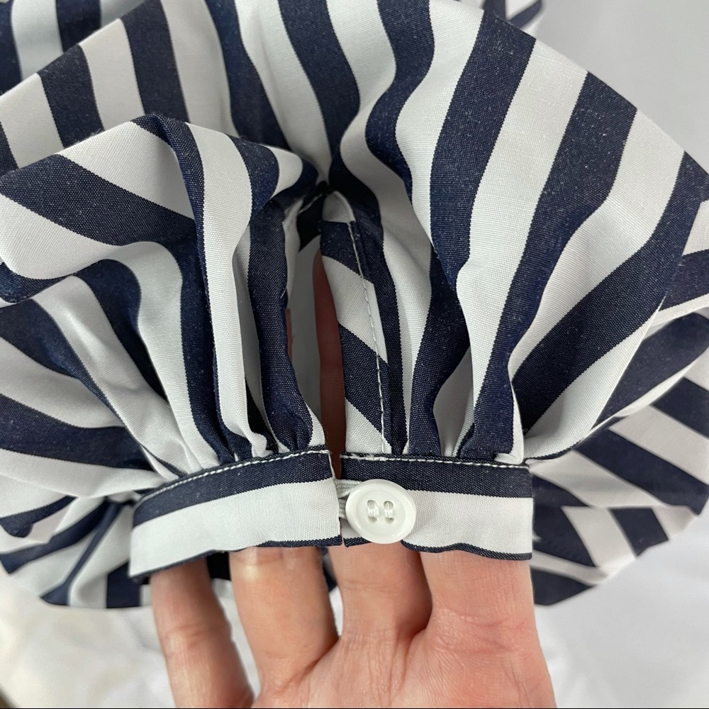 New Central Park West Balloon Sleeve Layered Peplum Striped Cotton Shirt - Picture 7 of 16